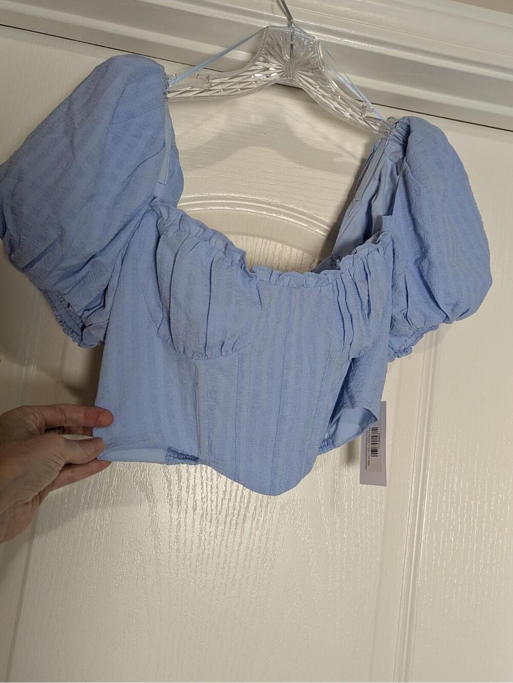 ASTR Blue Puff Sleeve Crop Top Sweetheart Zip Closure Cottagecore XS NWT